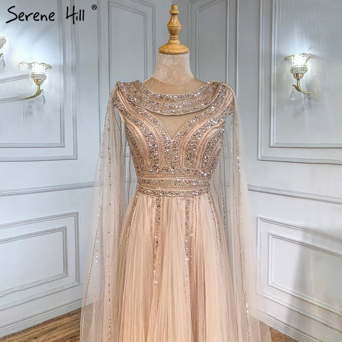 Serene Hill Gold Cape Sleeves A-Line Evening Dresses Gowns 2025 Luxury Beaded For Women Party LA71315 - SERENE HILL