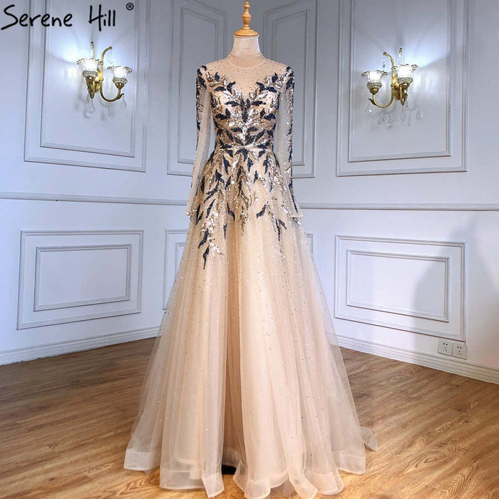 Serene Hill Gold Muslim Luxury Evening Dresses Gowns 2025 A-Line Beaded Sparkle For Women Party LA71387 - SERENE HILL