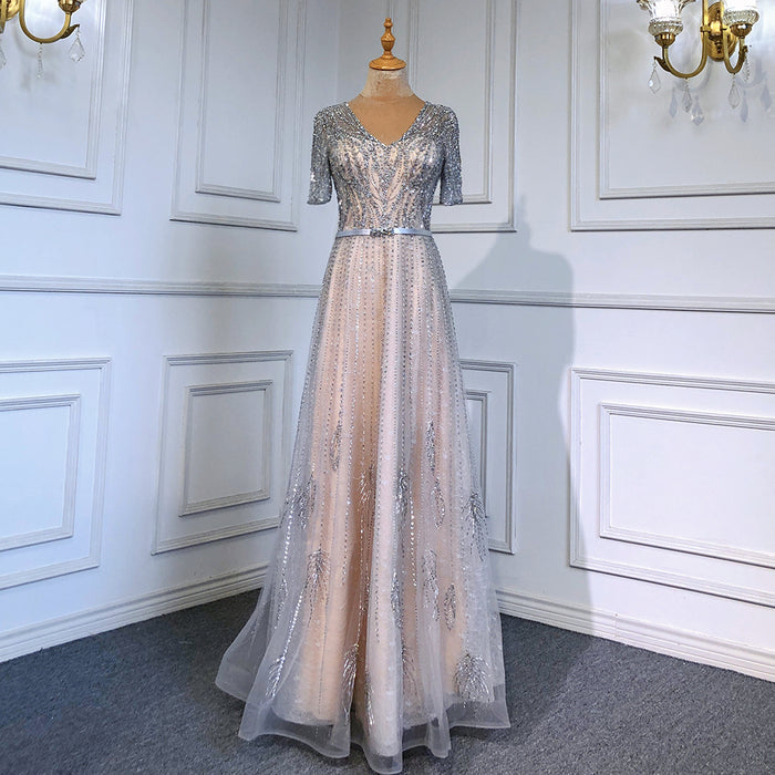 Serene Hill Gold Short Sleeves Evening Dresses Gowns 2025 Luxury Beaded A-Line For Woman Party LA71602 - SERENE HILL