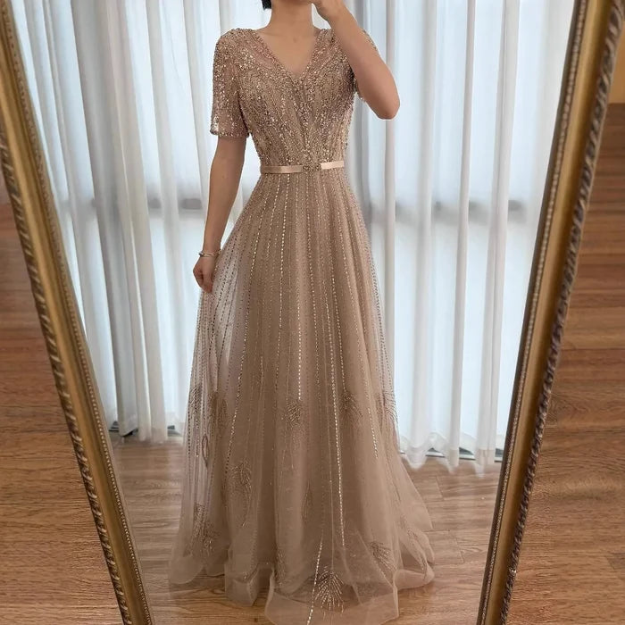Serene Hill Gold Short Sleeves Evening Dresses Gowns 2025 Luxury Beaded A-Line For Woman Party LA71602 - SERENE HILL