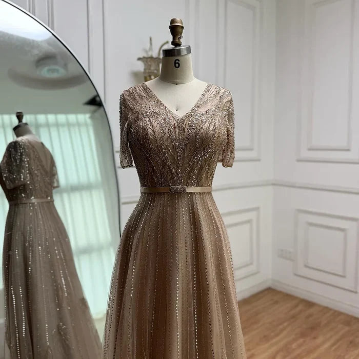 Serene Hill Gold Short Sleeves Evening Dresses Gowns 2025 Luxury Beaded A-Line For Woman Party LA71602 - SERENE HILL