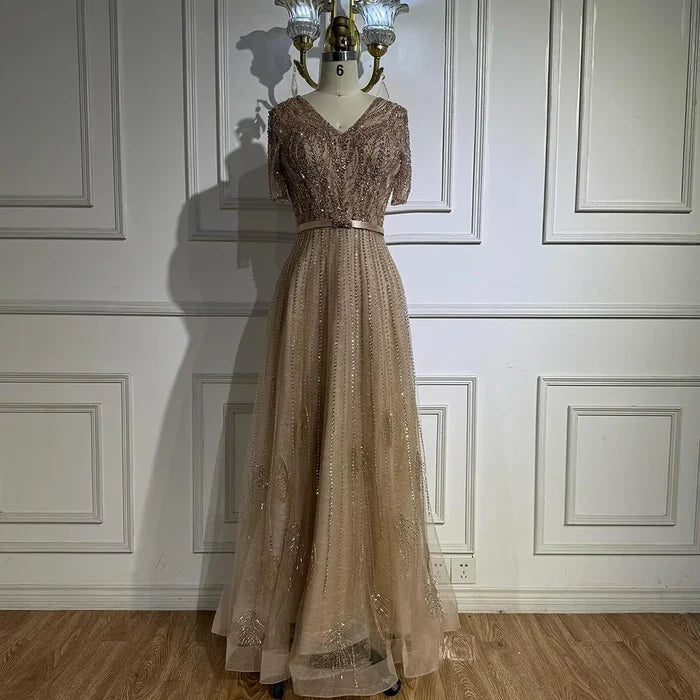 Serene Hill Gold Short Sleeves Evening Dresses Gowns 2025 Luxury Beaded A-Line For Woman Party LA71602 - SERENE HILL