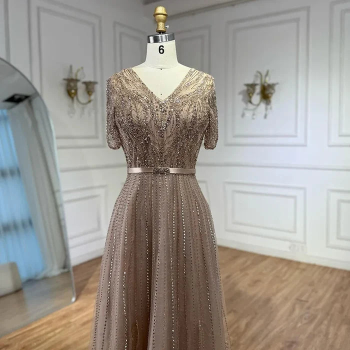 Serene Hill Gold Short Sleeves Evening Dresses Gowns 2025 Luxury Beaded A-Line For Woman Party LA71602 - SERENE HILL