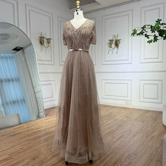 Serene Hill Gold Short Sleeves Evening Dresses Gowns 2025 Luxury Beaded A-Line For Woman Party LA71602 - SERENE HILL
