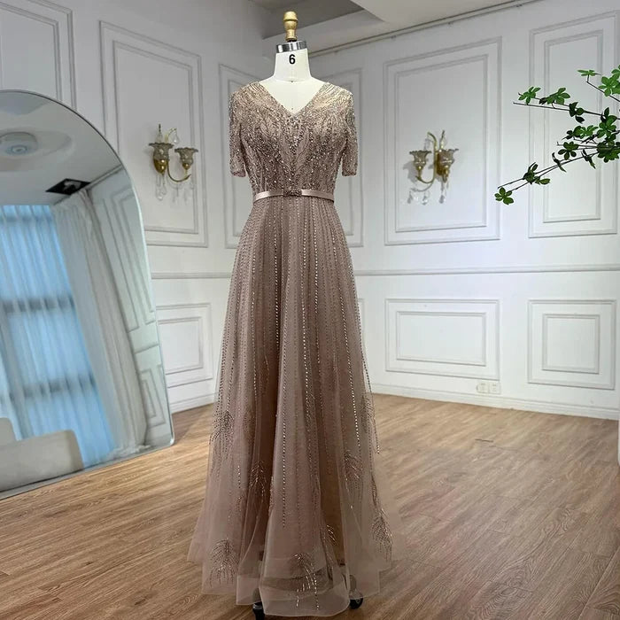 Serene Hill Gold Short Sleeves Evening Dresses Gowns 2025 Luxury Beaded A-Line For Woman Party LA71602 - SERENE HILL