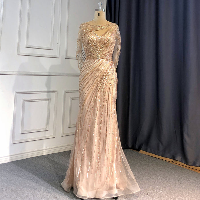 Serene Hill Goud Luxe Mermaid Avond Jurken 2025 Kralen V-hals Sparkle Elegante Voor Vrouwen Party LA70910A - SERENE HILL