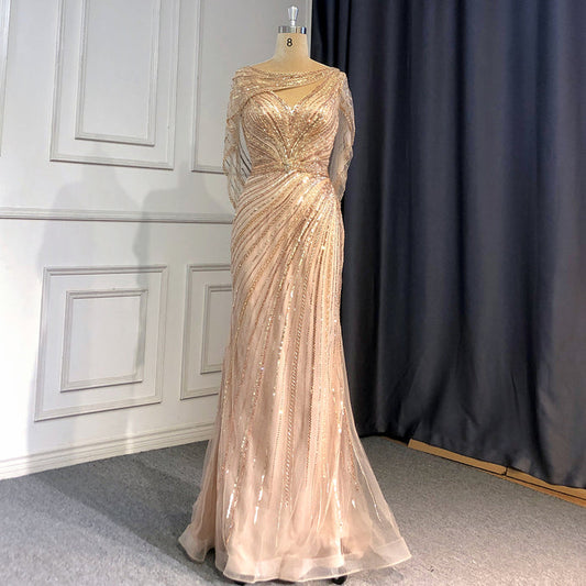 Serene Hill Goud Luxe Mermaid Avond Jurken 2025 Kralen V-hals Sparkle Elegante Voor Vrouwen Party LA70910A - SERENE HILL