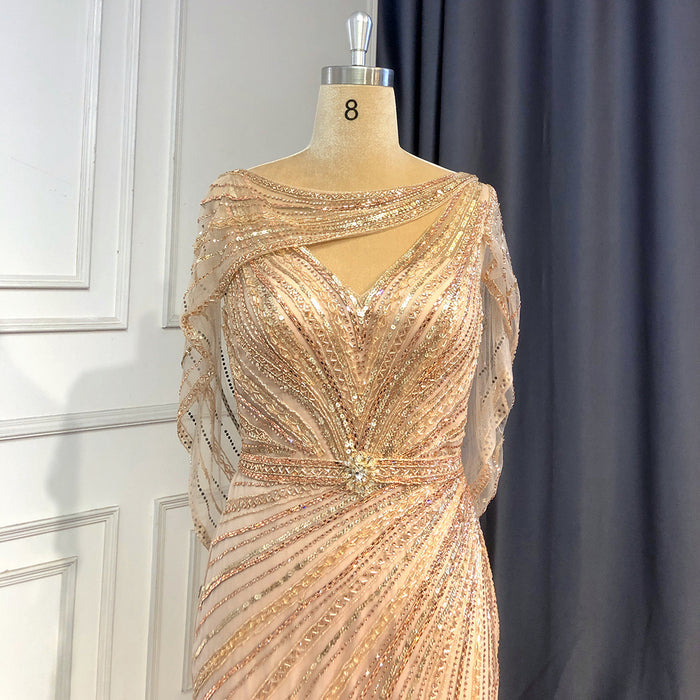 Serene Hill Goud Luxe Mermaid Avond Jurken 2025 Kralen V-hals Sparkle Elegante Voor Vrouwen Party LA70910A - SERENE HILL