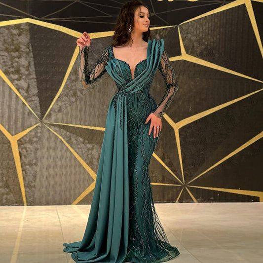 Serene Hill Green Mermaid Beaded Evening Dresses Gowns 2025 Luxury Elegant Satin For Women Party LA71860 - SERENE HILL
