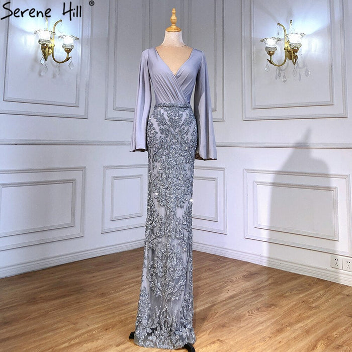 Serene Hill Grey Luxury Mermaid Evening Dresses Gowns Elegant Beaded Lantern Sleeve For Women Party LA71484 - SERENE HILL