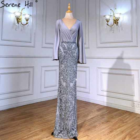 Serene Hill Grey Luxury Mermaid Evening Dresses Gowns Elegant Beaded Lantern Sleeve For Women Party LA71484 - SERENE HILL