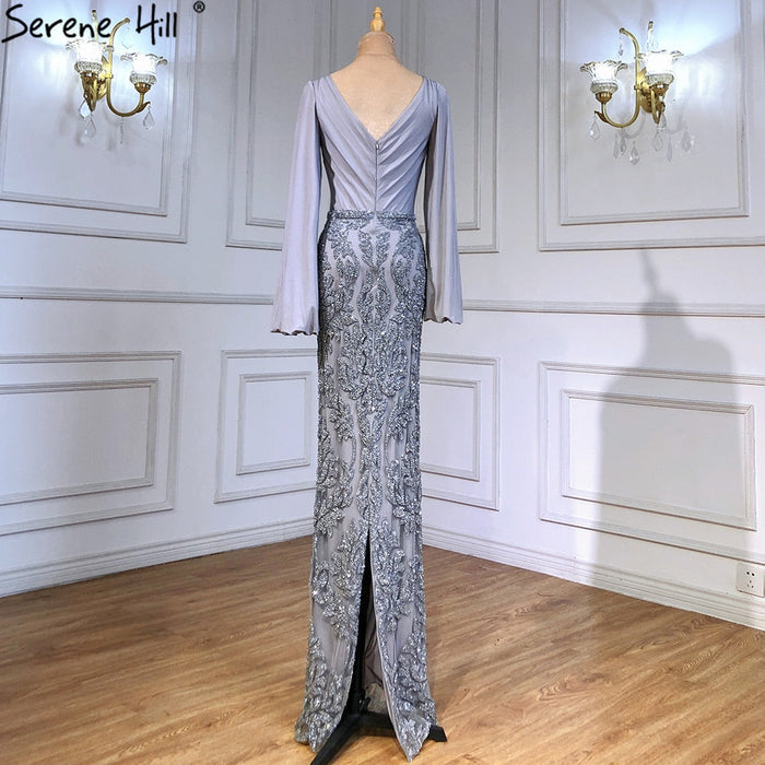 Serene Hill Grey Luxury Mermaid Evening Dresses Gowns Elegant Beaded Lantern Sleeve For Women Party LA71484 - SERENE HILL