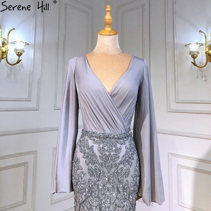 Serene Hill Grey Luxury Mermaid Evening Dresses Gowns Elegant Beaded Lantern Sleeve For Women Party LA71484 - SERENE HILL