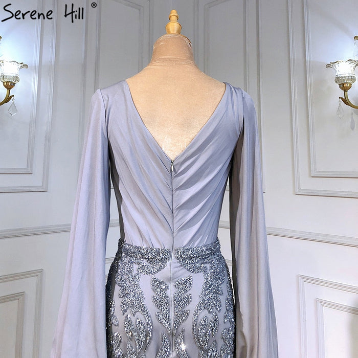 Serene Hill Grey Luxury Mermaid Evening Dresses Gowns Elegant Beaded Lantern Sleeve For Women Party LA71484 - SERENE HILL