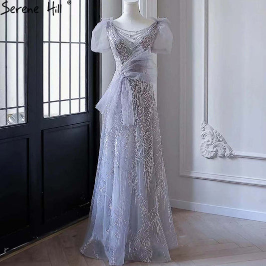 Serene Hill Grey Luxury Puffy Sleeves Evening Dresses Gowns 2025 Beaded A-Line For Women Party LA71474 - SERENE HILL