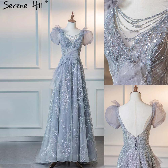Serene Hill Grey Luxury Puffy Sleeves Evening Dresses Gowns 2025 Beaded A-Line For Women Party LA71474 - SERENE HILL