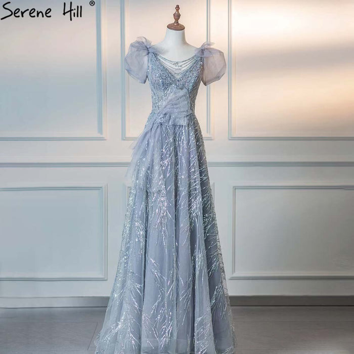 Serene Hill Grey Luxury Puffy Sleeves Evening Dresses Gowns 2025 Beaded A-Line For Women Party LA71474 - SERENE HILL
