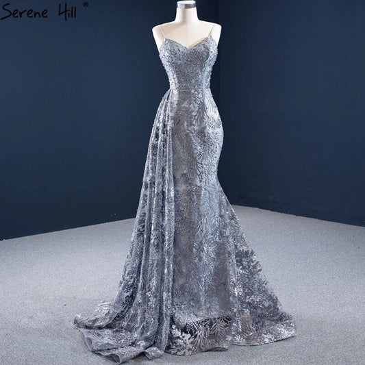 Serene Hill Grey Mermaid Sexy Evening Dresses 2025 Handmade Flowers Beading Sleeveless Formal Dress HM67181 - SERENE HILL