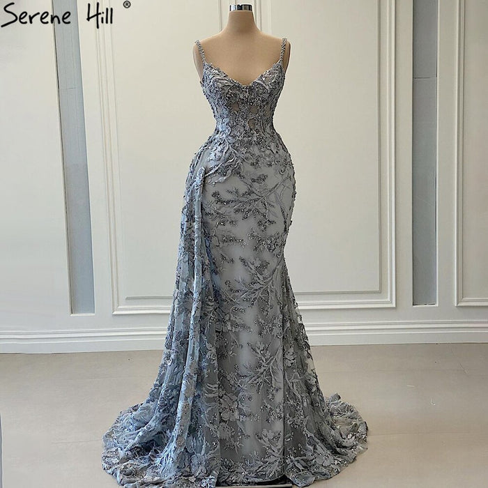 Serene Hill Grey Mermaid Sexy Evening Dresses 2025 Handmade Flowers Beading Sleeveless Formal Dress HM67181 - SERENE HILL