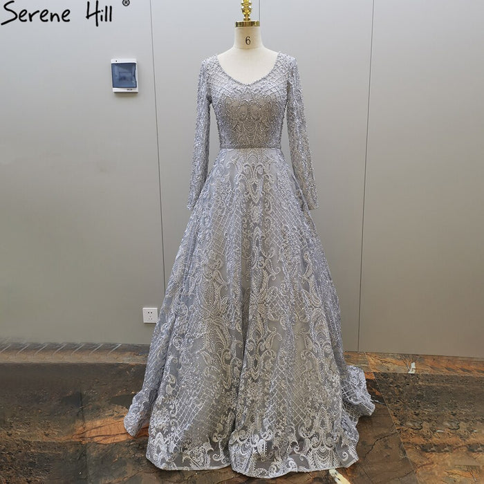 Serene Hill Grey Muslim Lace Beaded Evening Dresses Gowns 2025 Long A-Line Luxury For Women Party LA71472 - SERENE HILL