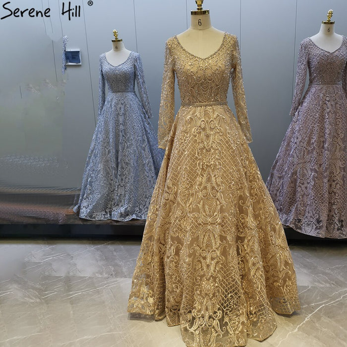 Serene Hill Grey Muslim Lace Beaded Evening Dresses Gowns 2025 Long A-Line Luxury For Women Party LA71472 - SERENE HILL