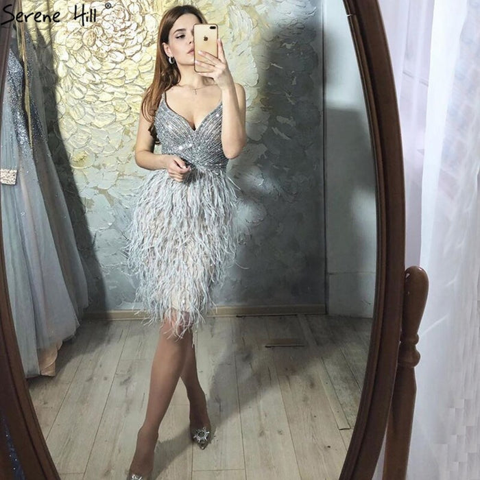 Serene Hill Grey Sleeveless Sexy Short Dresses 2025 Beading Feathers Mermaid Party Cocktail Gowns LA70766 - SERENE HILL