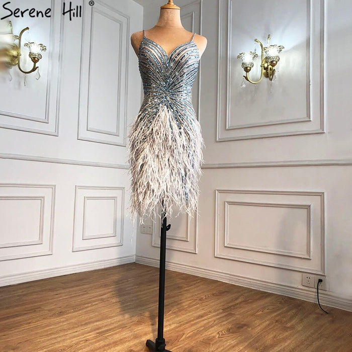 Serene Hill Grey Sleeveless Sexy Short Dresses 2025 Beading Feathers Mermaid Party Cocktail Gowns LA70766 - SERENE HILL