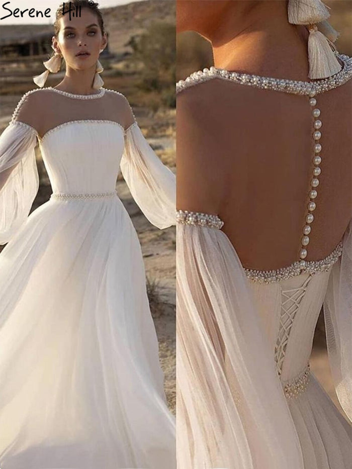 Serene Hill Ivory A-Line Sexy Evening Dresses Gowns 2025 Beaded Pearl Lantern Sleeve For Women Party LA71190 - SERENE HILL