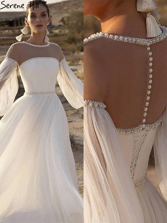 Serene Hill Ivory A-Line Sexy Evening Dresses Gowns 2025 Beaded Pearl Lantern Sleeve For Women Party LA71190 - SERENE HILL