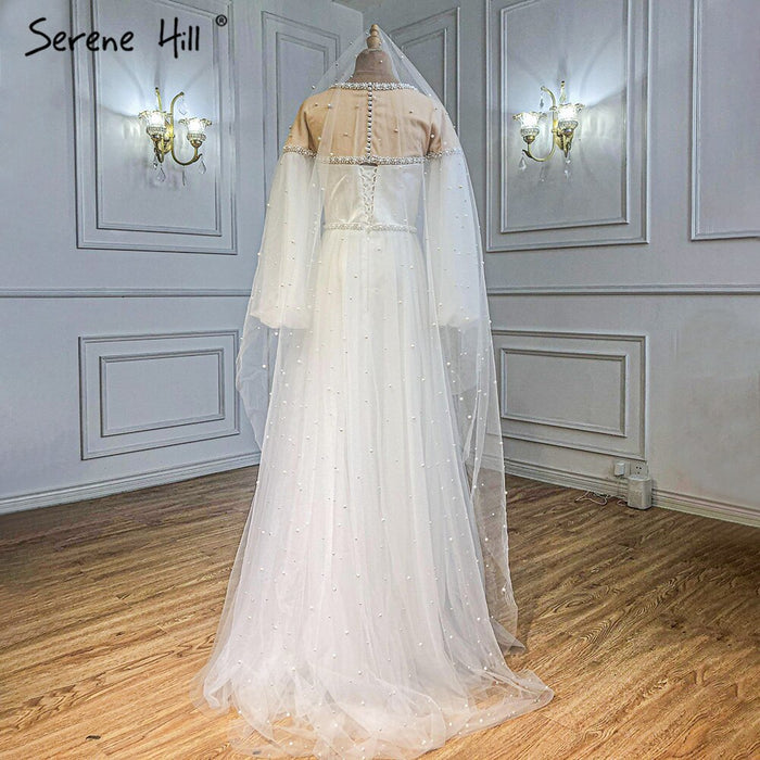 Serene Hill Ivory A-Line Sexy Evening Dresses Gowns 2025 Beaded Pearl Lantern Sleeve For Women Party LA71190 - SERENE HILL