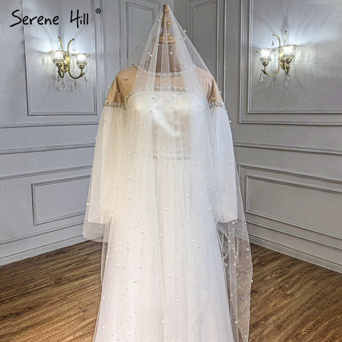 Serene Hill Ivory A-Line Sexy Evening Dresses Gowns 2025 Beaded Pearl Lantern Sleeve For Women Party LA71190 - SERENE HILL
