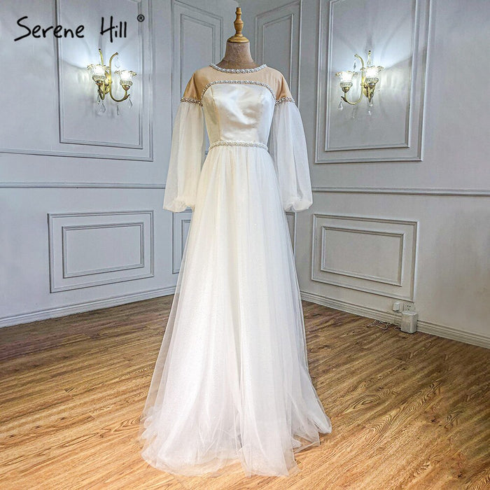 Serene Hill Ivory A-Line Sexy Evening Dresses Gowns 2025 Beaded Pearl Lantern Sleeve For Women Party LA71190 - SERENE HILL