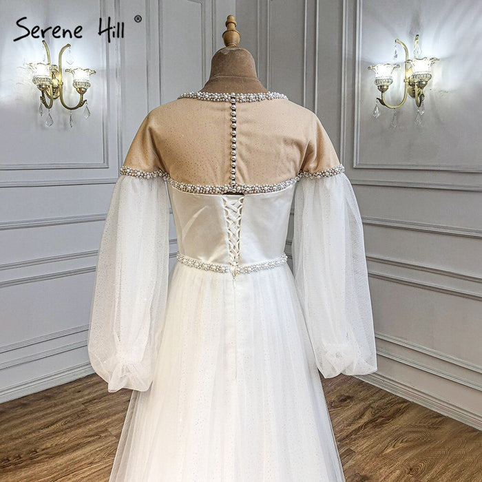 Serene Hill Ivory A-Line Sexy Evening Dresses Gowns 2025 Beaded Pearl Lantern Sleeve For Women Party LA71190 - SERENE HILL