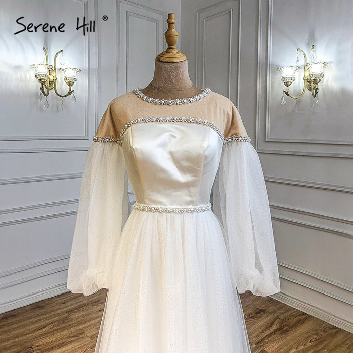 Serene Hill Ivory A-Line Sexy Evening Dresses Gowns 2025 Beaded Pearl Lantern Sleeve For Women Party LA71190 - SERENE HILL