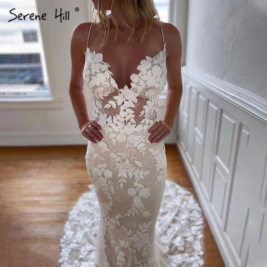 Serene Hill Ivory Spaghetti Strap Mermaid Wedding Dresses 2025 Lace Backless Sexy Bridal Gowns LA70431 - SERENE HILL