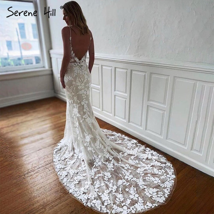 Serene Hill Ivory Spaghetti Strap Mermaid Wedding Dresses 2025 Lace Backless Sexy Bridal Gowns LA70431 - SERENE HILL