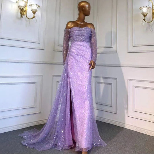 Serene Hill Lilac Mermaid Overskirt Evening Dresses Gowns 2025 Beaded Elegant Sexy For Women Party LA71630 - SERENE HILL