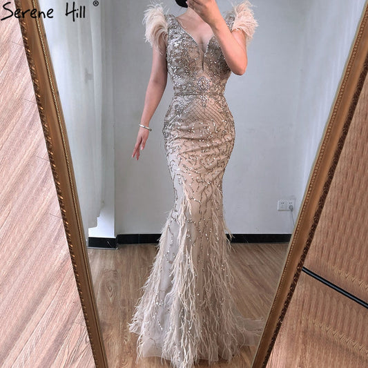 Serene Hill lilac Mermaid V-Neck Evening Dresses 2025 Feathers Beading Luxury Sexy Formal Dress LA70572 - SERENE HILL