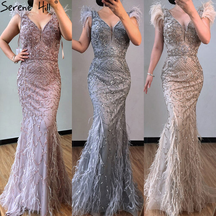Serene Hill lilac Mermaid V-Neck Evening Dresses 2025 Feathers Beading Luxury Sexy Formal Dress LA70572 - SERENE HILL
