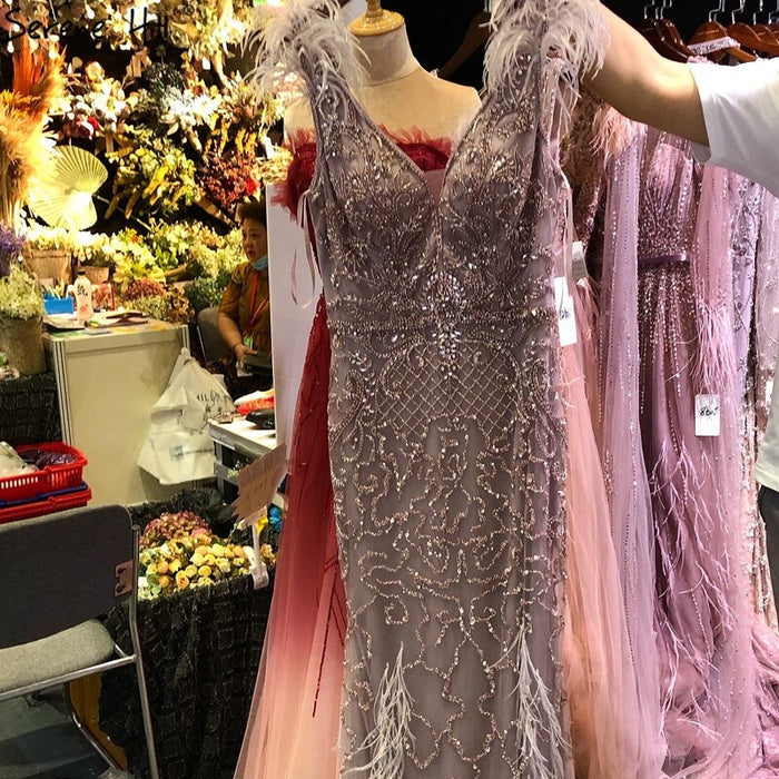 Serene Hill lilac Mermaid V-Neck Evening Dresses 2025 Feathers Beading Luxury Sexy Formal Dress LA70572 - SERENE HILL