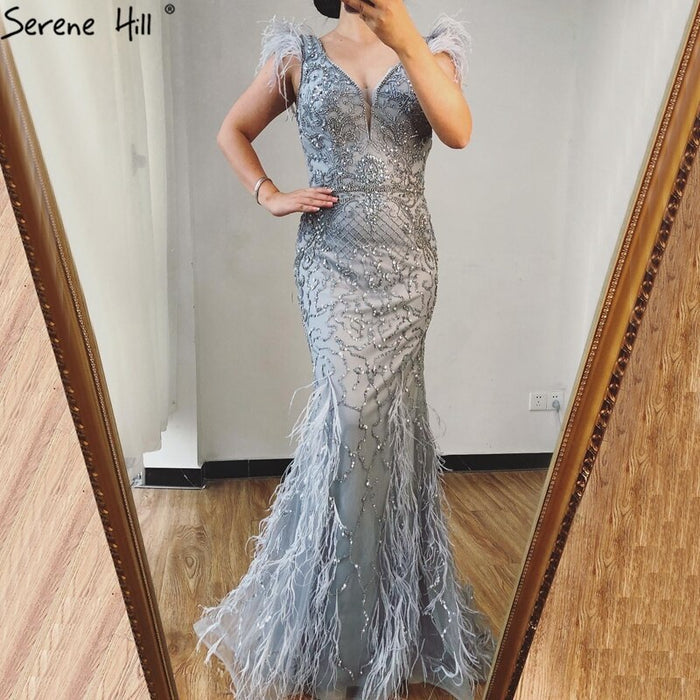 Serene Hill lilac Mermaid V-Neck Evening Dresses 2025 Feathers Beading Luxury Sexy Formal Dress LA70572 - SERENE HILL
