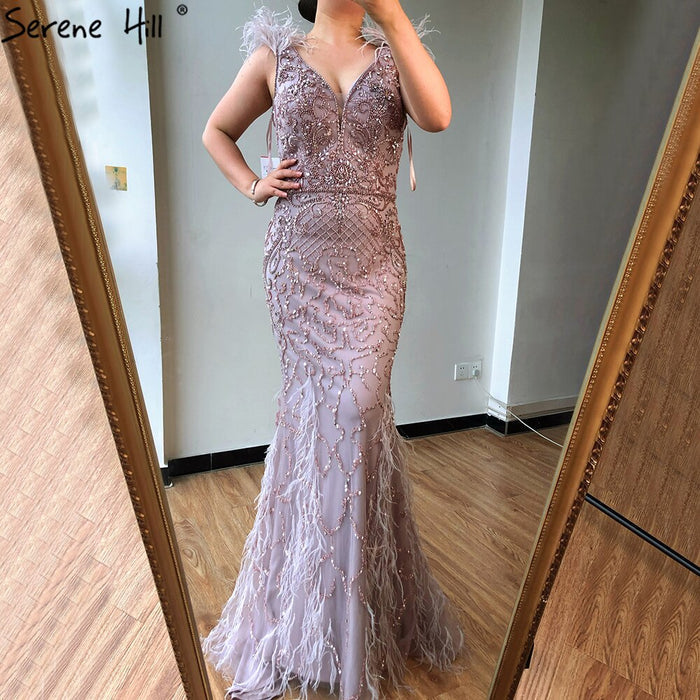 Serene Hill lilac Mermaid V-Neck Evening Dresses 2025 Feathers Beading Luxury Sexy Formal Dress LA70572 - SERENE HILL