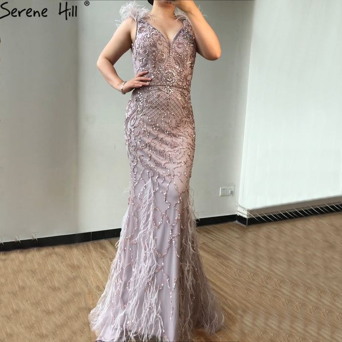 Serene Hill lilac Mermaid V-Neck Evening Dresses 2025 Feathers Beading Luxury Sexy Formal Dress LA70572 - SERENE HILL