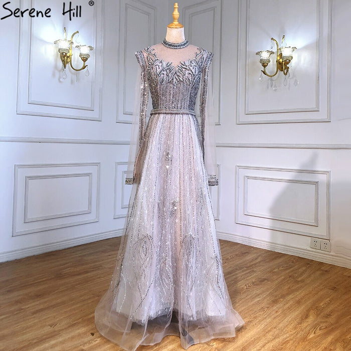 Serene Hill Luxury A-Line Silver Evening Dresses Gowns 2025 Beaded Cape Sleeve For Woman Party LA71443 - SERENE HILL