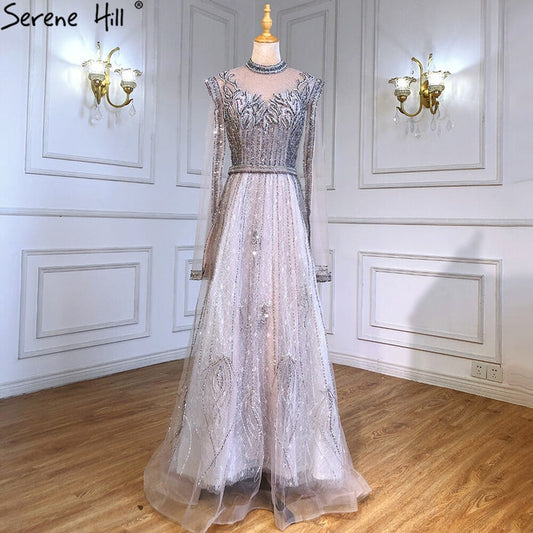 Serene Hill Luxury A-Line Silver Evening Dresses Gowns 2025 Beaded Cape Sleeve For Woman Party LA71443 - SERENE HILL