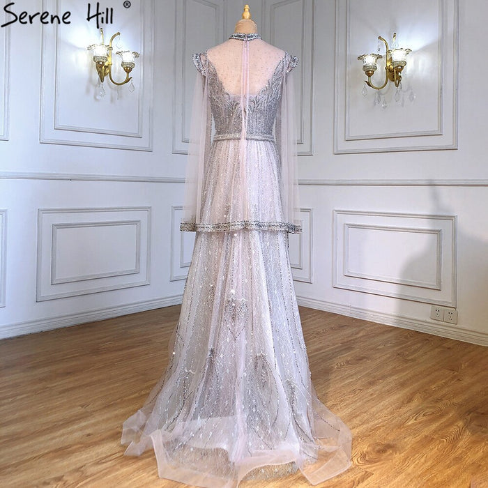 Serene Hill Luxury A-Line Silver Evening Dresses Gowns 2025 Beaded Cape Sleeve For Woman Party LA71443 - SERENE HILL