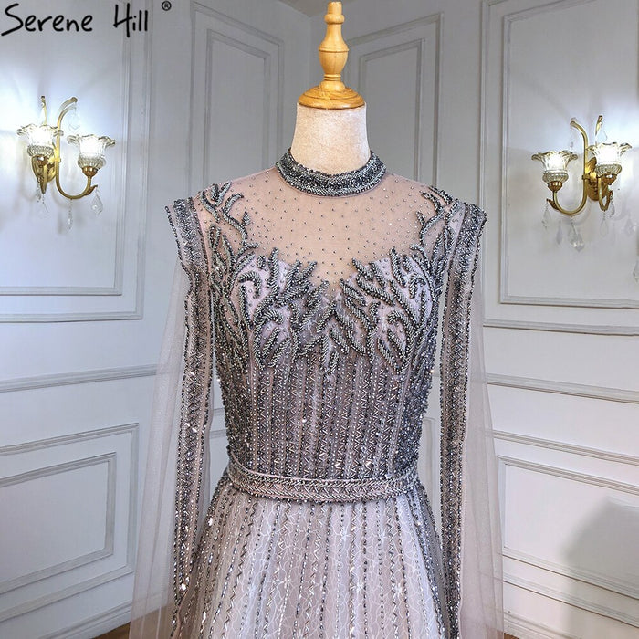 Serene Hill Luxury A-Line Silver Evening Dresses Gowns 2025 Beaded Cape Sleeve For Woman Party LA71443 - SERENE HILL