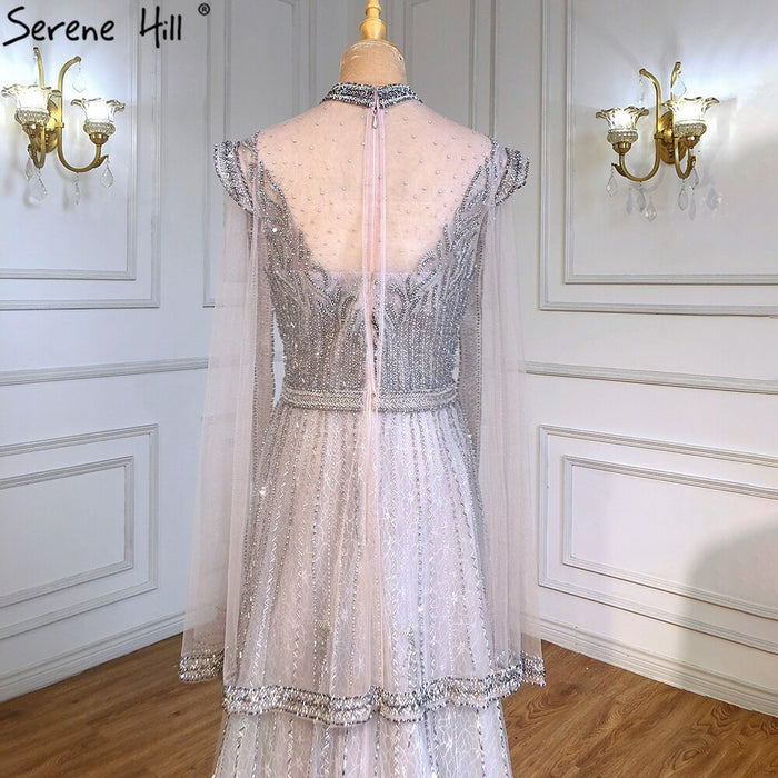 Serene Hill Luxury A-Line Silver Evening Dresses Gowns 2025 Beaded Cape Sleeve For Woman Party LA71443 - SERENE HILL