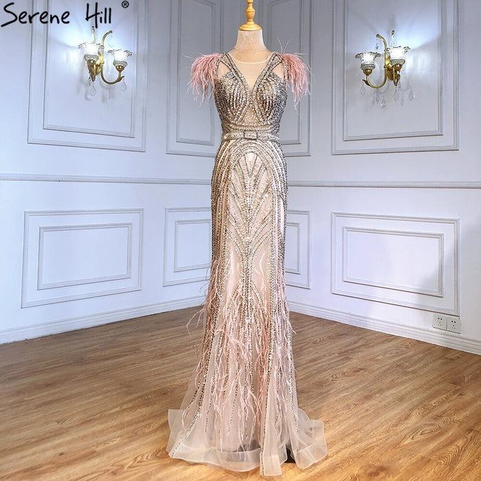 Serene Hill Luxury Mermaid Nude Evening Dresses Gowns 2025 Feather Beaded Elegant For Women Party LA71340 - SERENE HILL