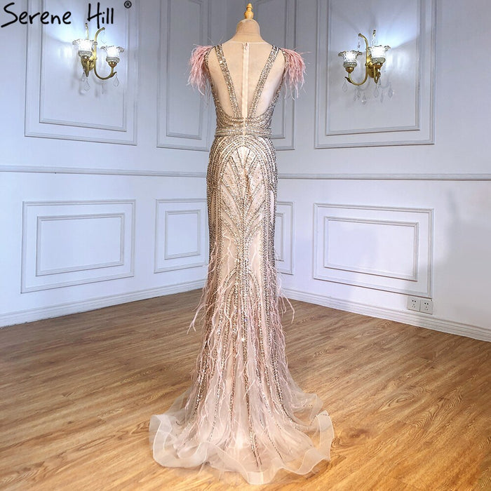 Serene Hill Luxury Mermaid Nude Evening Dresses Gowns 2025 Feather Beaded Elegant For Women Party LA71340 - SERENE HILL